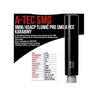 Tlumič A-TEC, model SMG, modulový, Ráže: 9mm Luger, na závit 1/2"-28 UNEF
